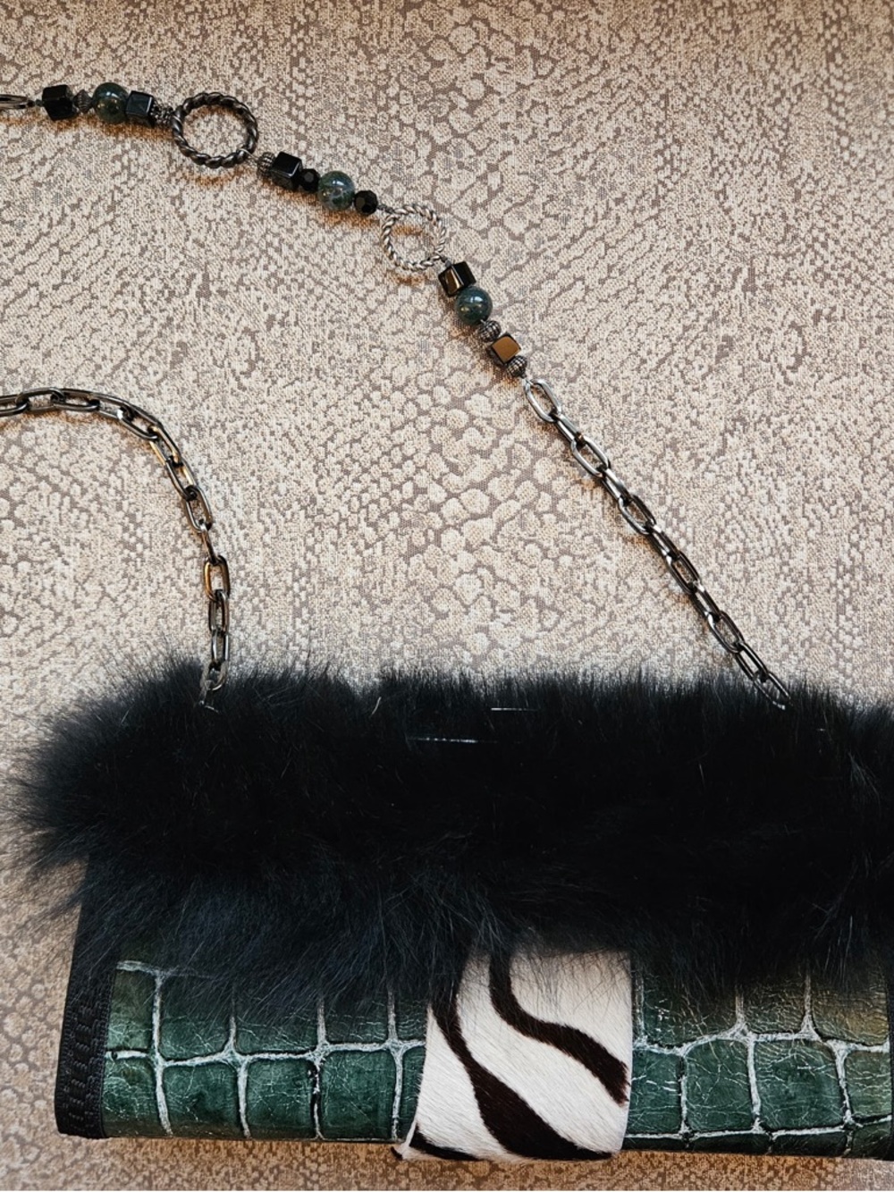 Green Croc-Embossed Faux Fur Chain Shoulder Bag